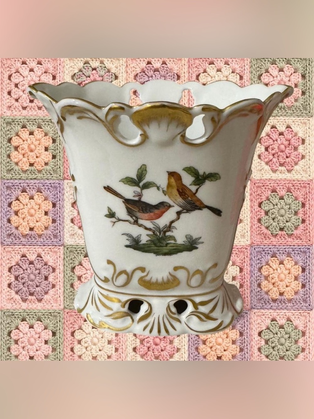 Porcelain Bird Motif Votive with Gold Trim